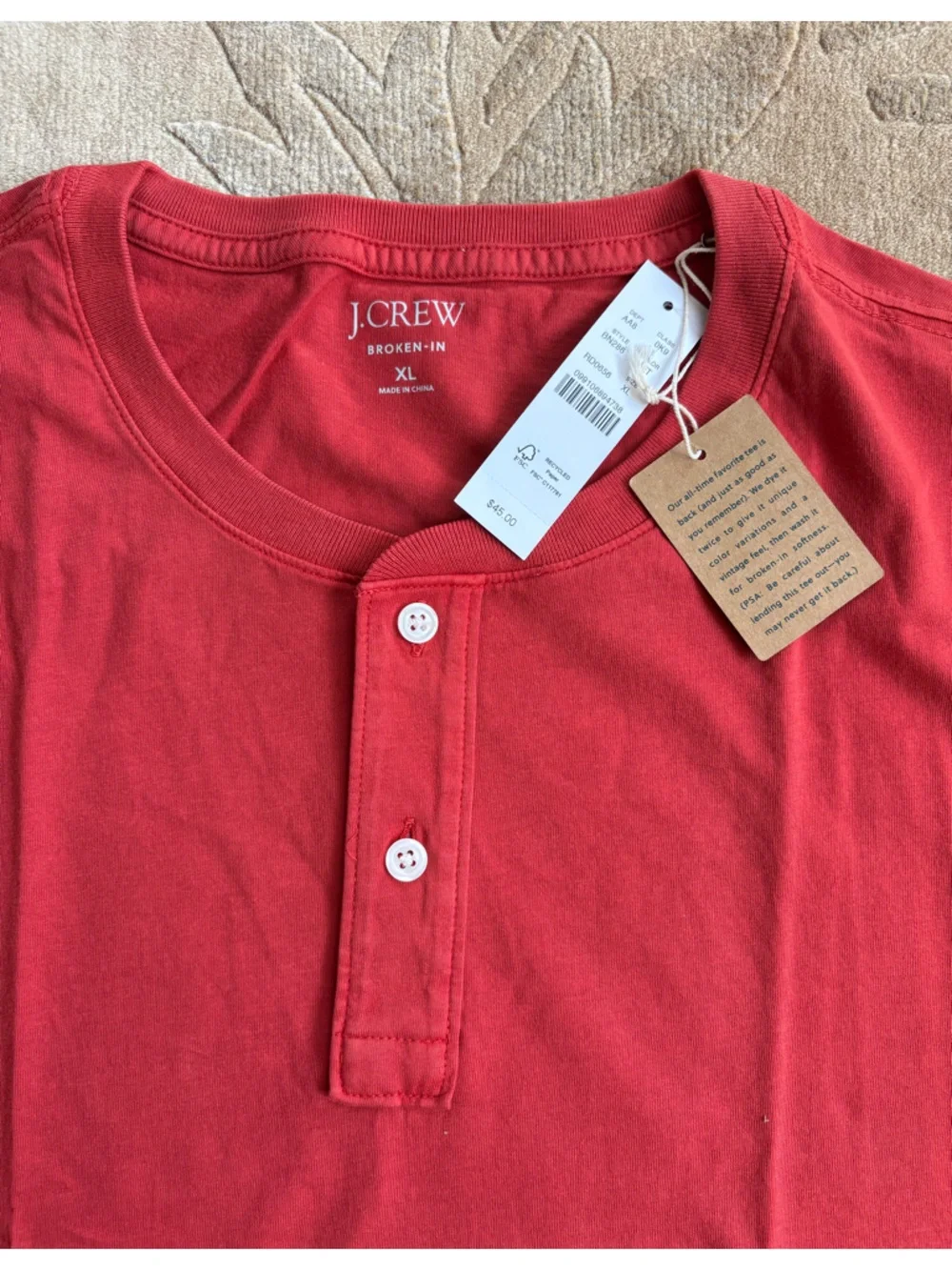 NWT, J. Crew Red Broken In Short-Sleeve Henley, Cotton Jersey, Size XL